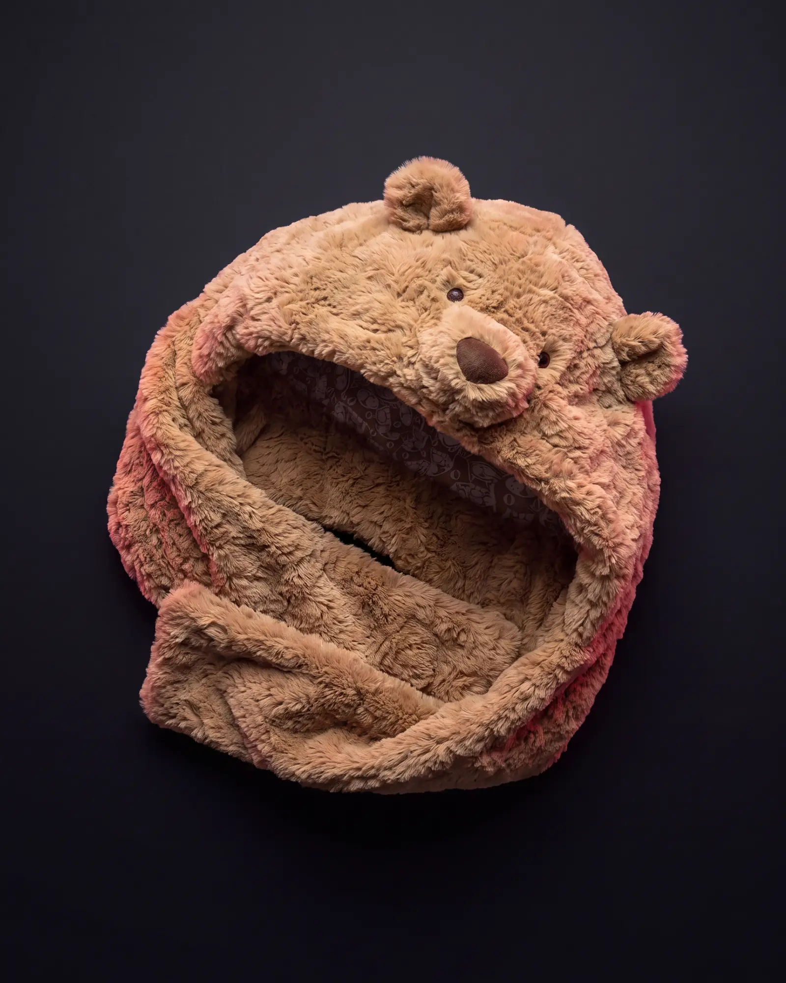 Bartholomew Bear Bundlesnug, 어두운 스튜디오 배경.