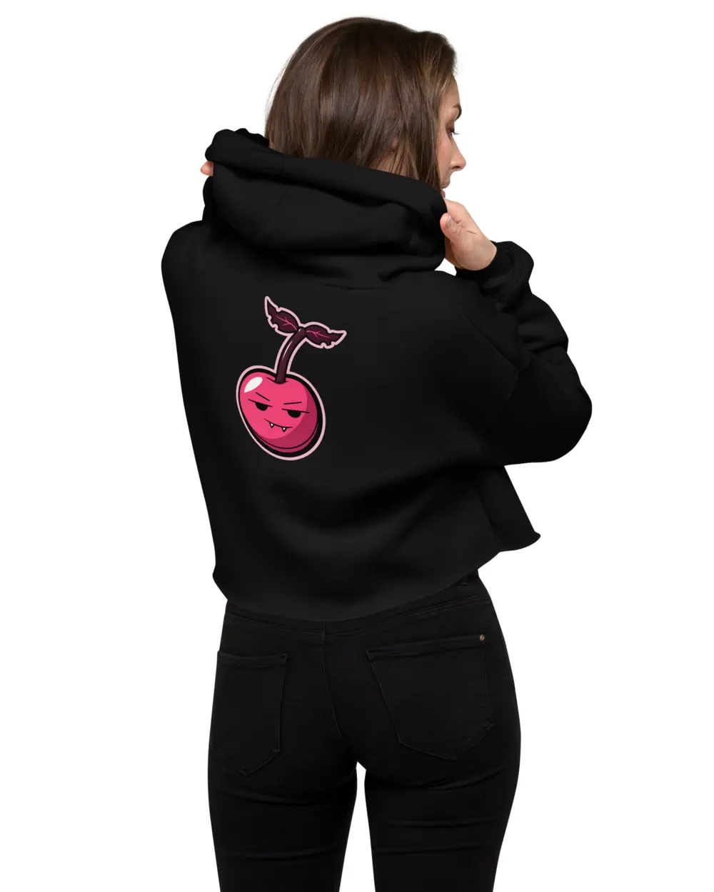 Cherry Crop Hoodie 착용컷, 어깨 너머 — 등에 크게 들어간 체리.