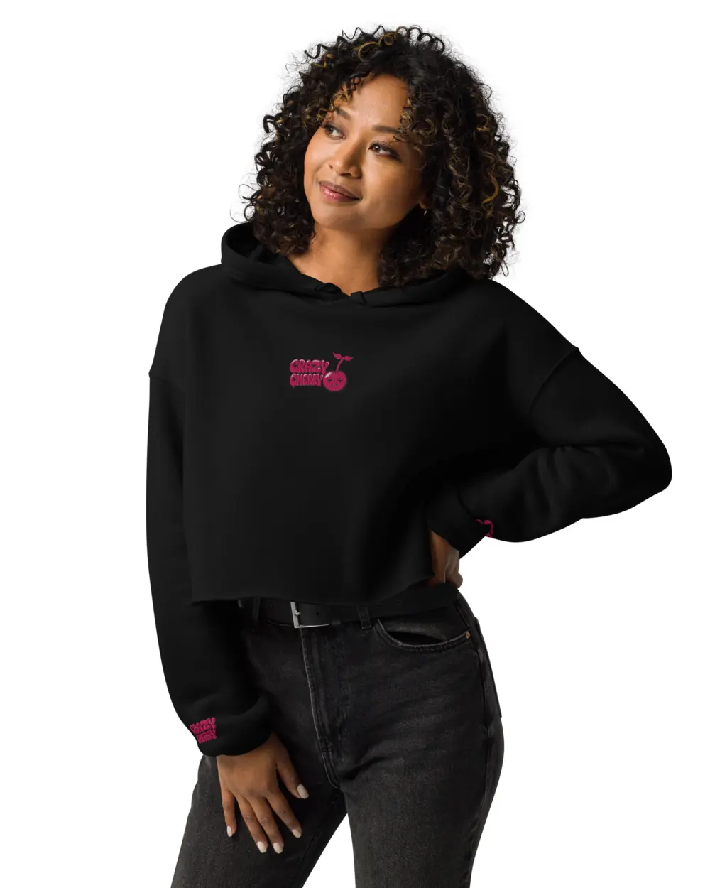 Cherry Crop Hoodie 착용컷, 정면 — 가슴 로고와 마감하지 않은 밑단.